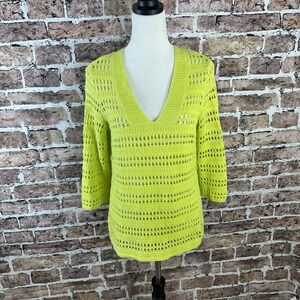 Chicos Women's Green Linen Cotton Blend Crochet‎ V Neck 3/4 Sleeve Sweater Top